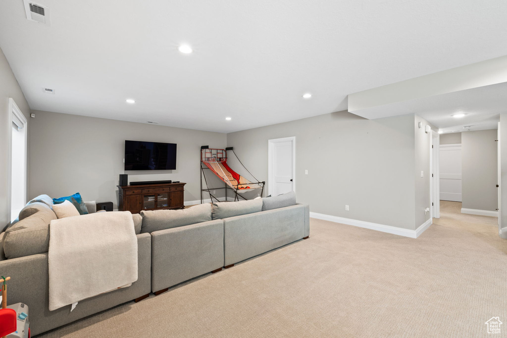 Living room with light colored carpet