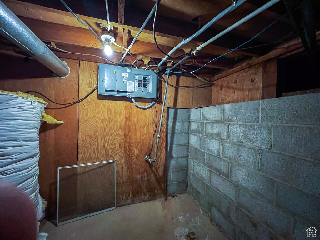 Basement featuring wood walls