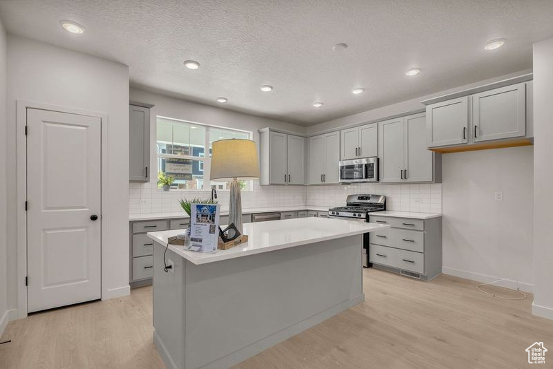 Kitchen with light hardwood / wood-style flooring, gray cabinets, appliances with stainless steel finishes, and a kitchen island