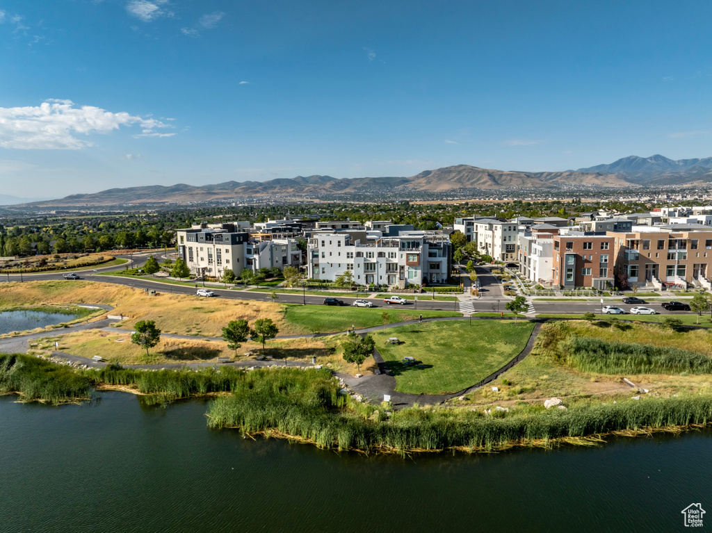 Aerial view with a water and mountain view