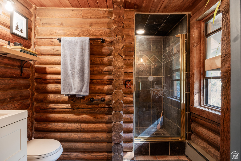 Bathroom featuring wood ceiling, an enclosed shower, and rustic walls