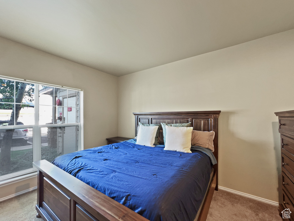 Bedroom with light carpet