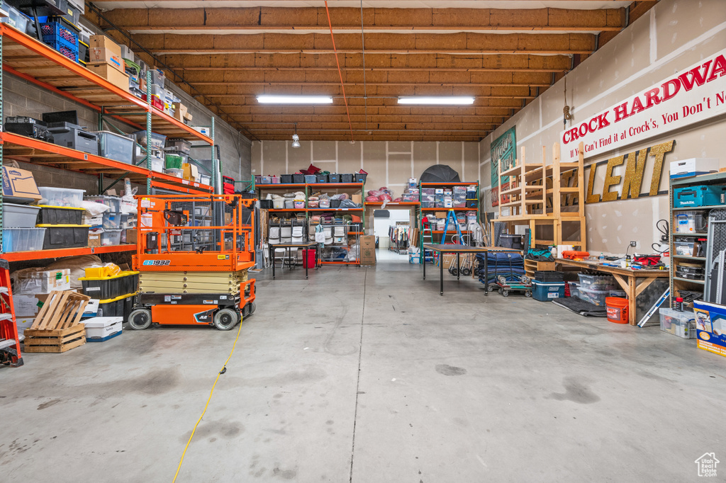 Garage featuring a workshop area