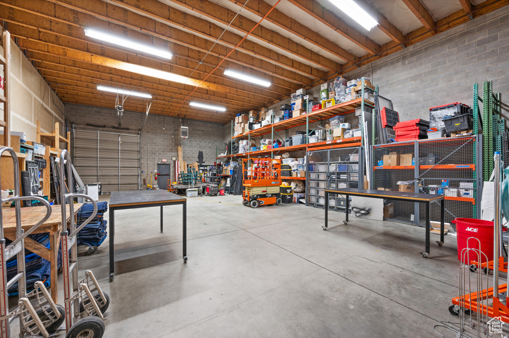 Garage featuring a workshop area