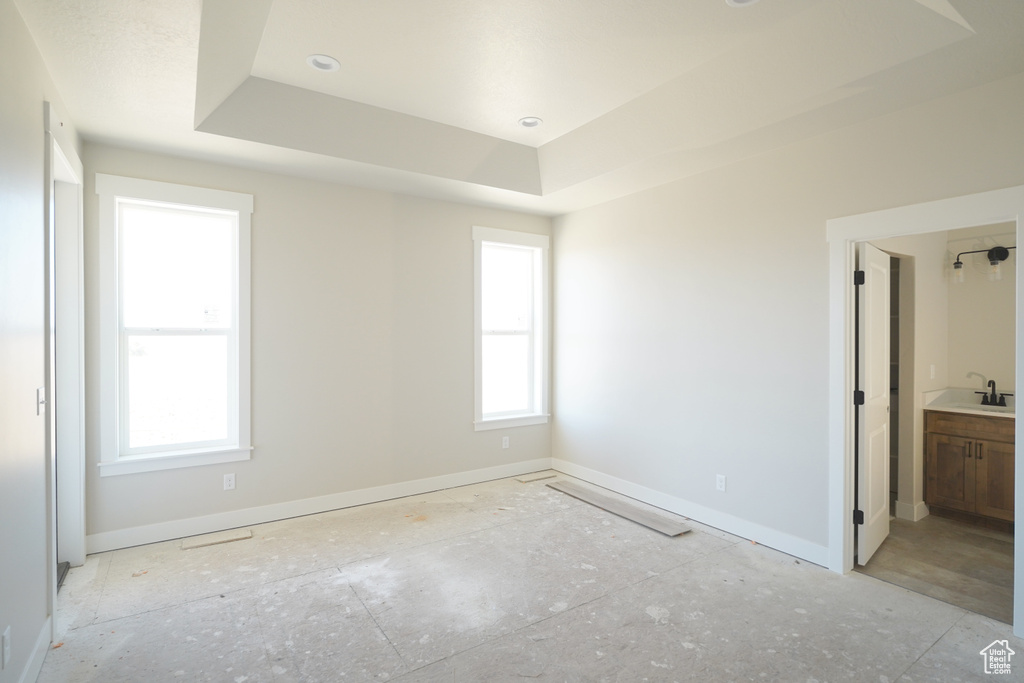 Spare room featuring a raised ceiling and sink