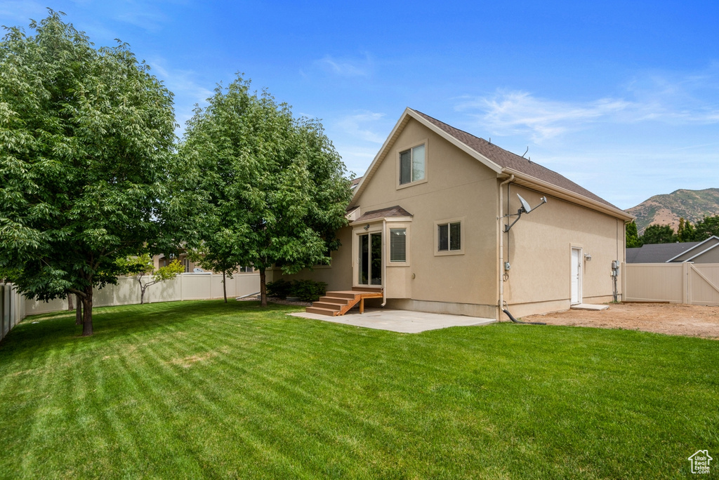 Rear view of property with a mountain view, a yard, and a patio