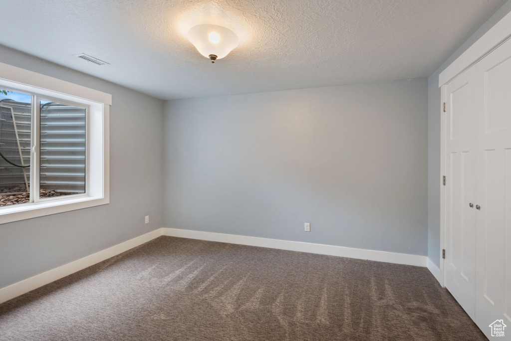 Unfurnished room featuring carpet floors, a textured ceiling, and a healthy amount of sunlight