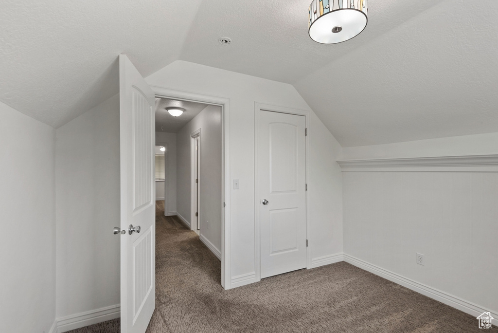 Additional living space with a textured ceiling, carpet, and lofted ceiling