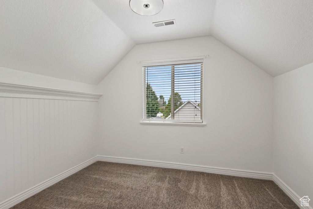 Bonus room with lofted ceiling and carpet flooring