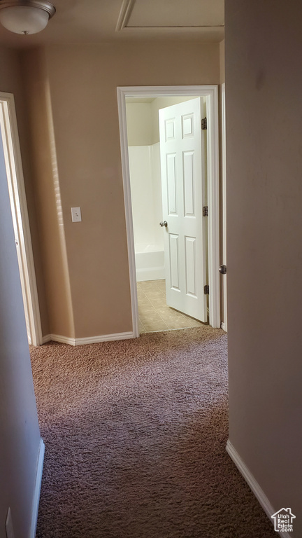 Corridor featuring light colored carpet