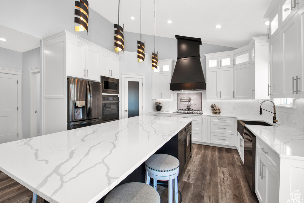 Kitchen with backsplash, dark wood-type flooring, stainless steel appliances, custom exhaust hood, and sink