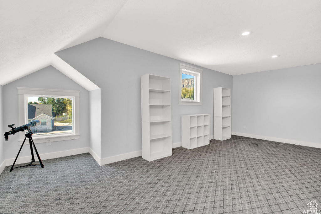 Bonus room with carpet floors and lofted ceiling