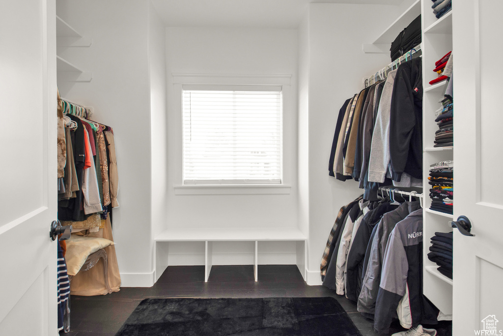 Spacious closet with dark wood-type flooring