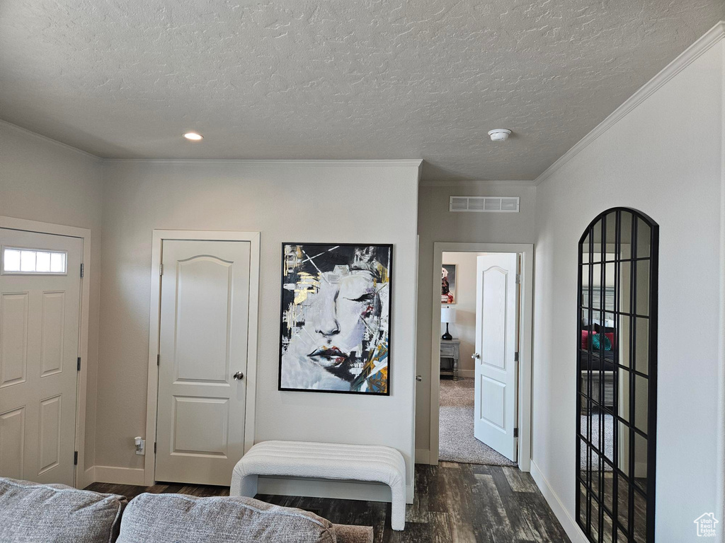 Bedroom featuring crown molding, dark colored carpet, and a textured ceiling