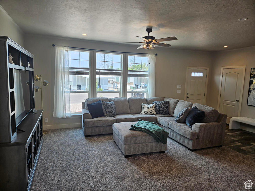 Carpeted living room featuring a textured ceiling, ceiling fan, and a wealth of natural light