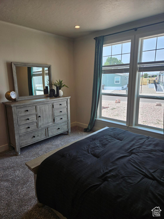 Bedroom featuring carpet flooring and a textured ceiling