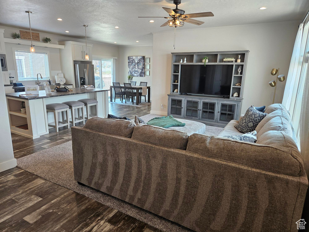 Living room featuring a textured ceiling, dark hardwood / wood-style flooring, sink, and ceiling fan