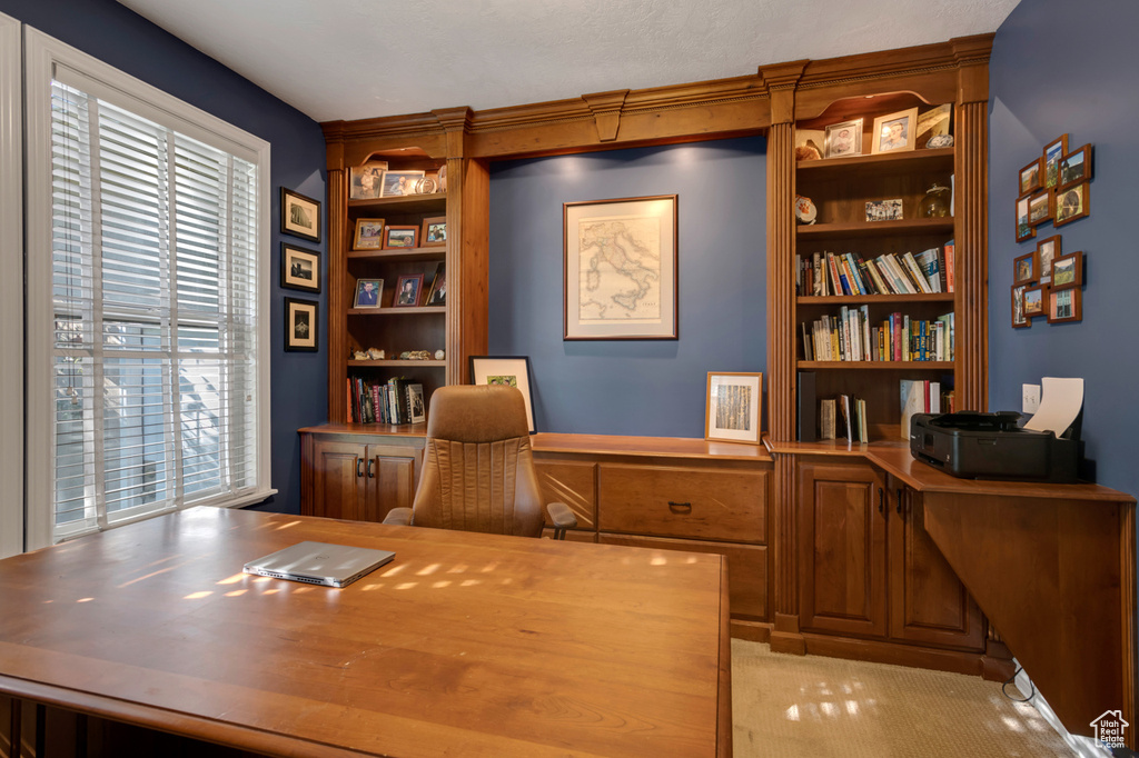 Carpeted office space with built in shelves