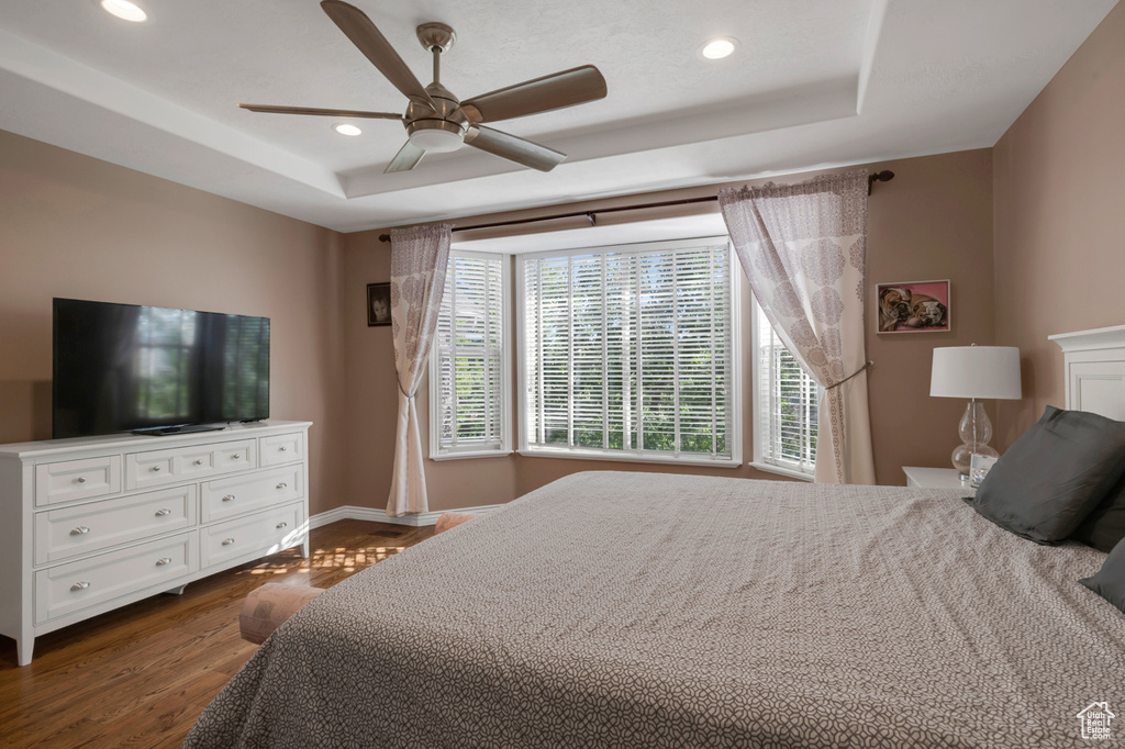 Bedroom featuring a raised ceiling, dark hardwood / wood-style flooring, and ceiling fan