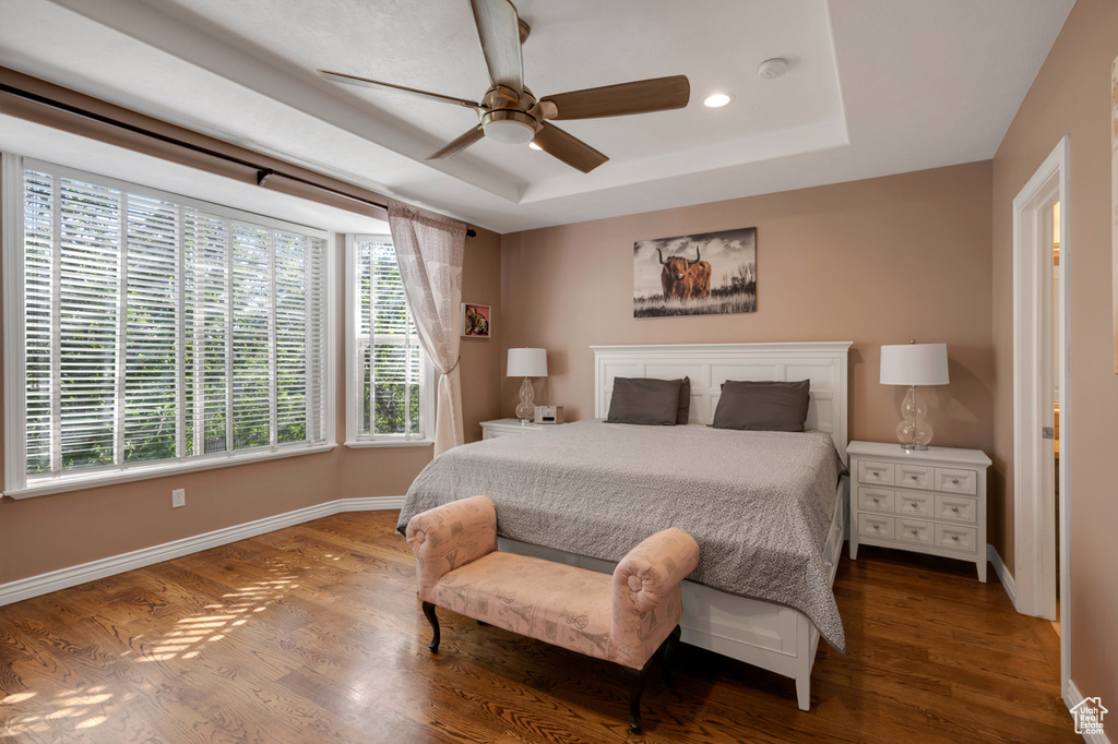 Bedroom with a raised ceiling, ceiling fan, and hardwood / wood-style floors