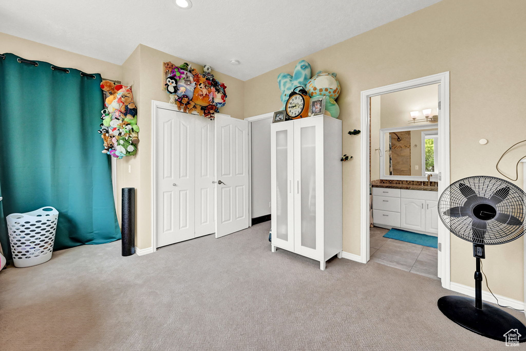 Miscellaneous room featuring light colored carpet