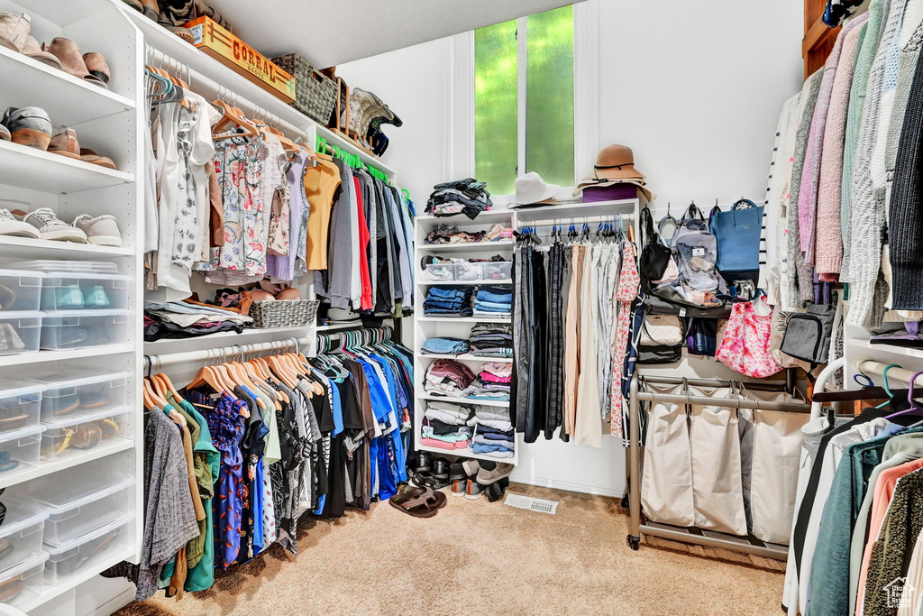 Spacious closet featuring light carpet