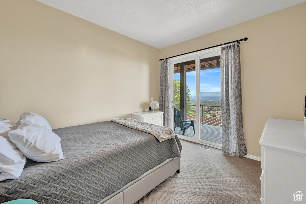 Bedroom with light carpet and access to outside