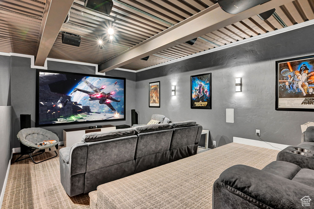 Cinema featuring carpet floors and beam ceiling