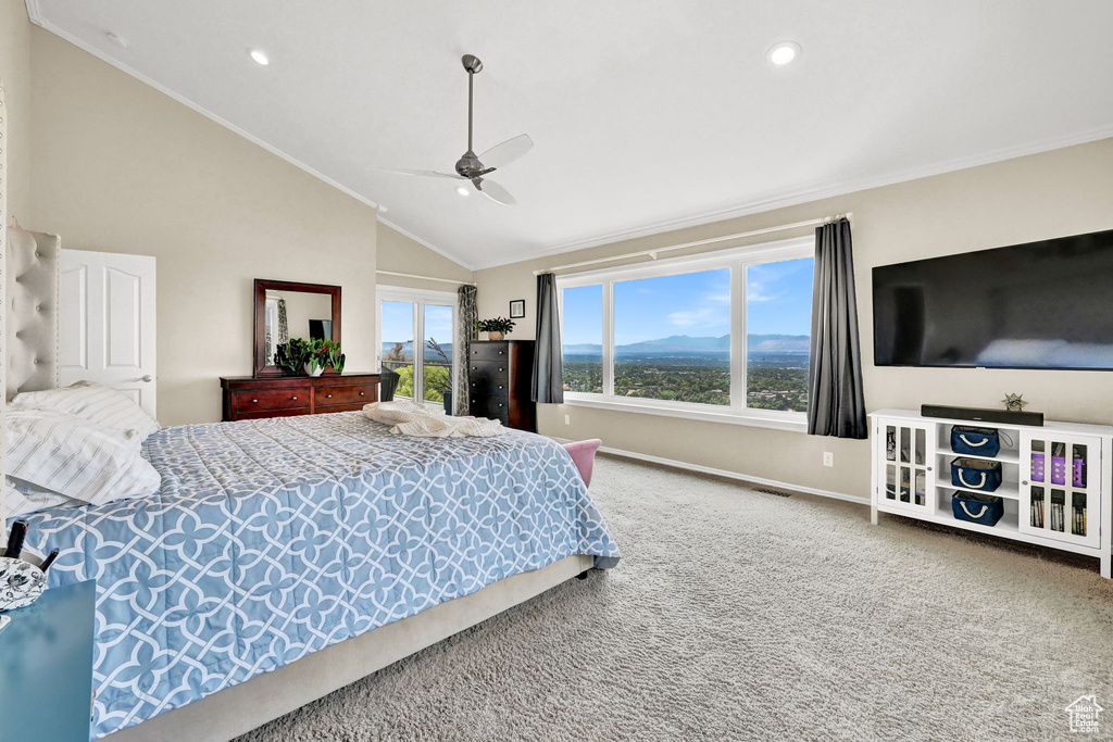 Bedroom with multiple windows, carpet, ceiling fan, and ornamental molding