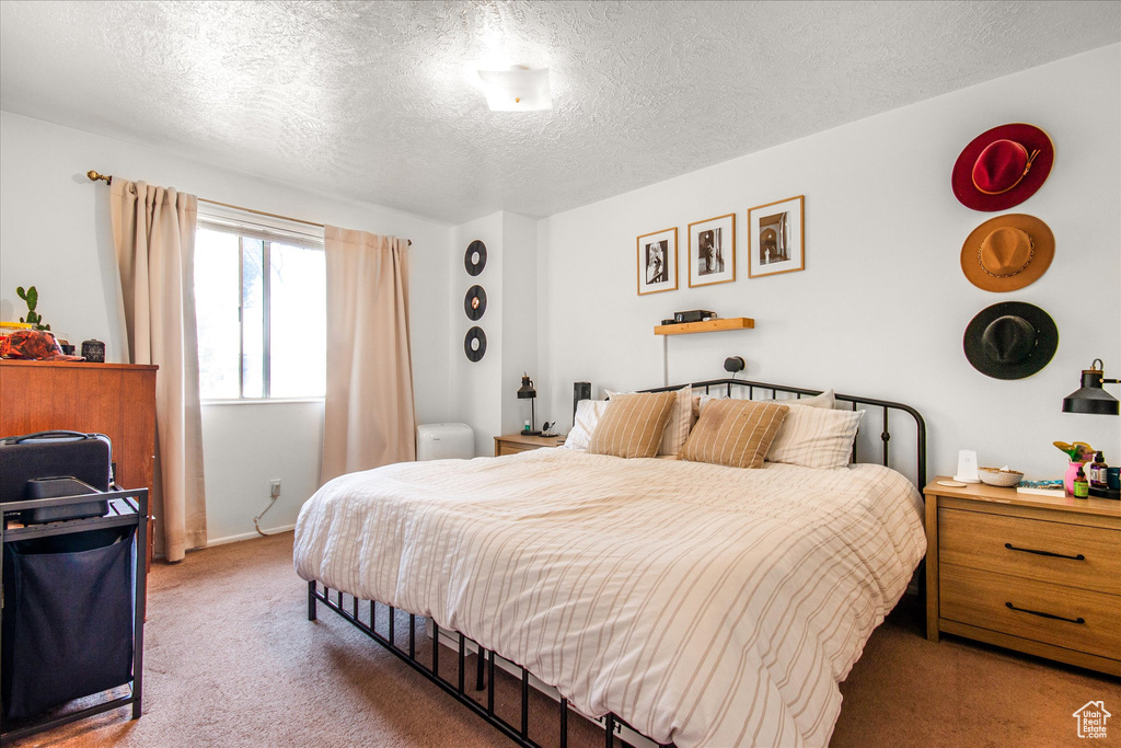 Carpeted bedroom with a textured ceiling