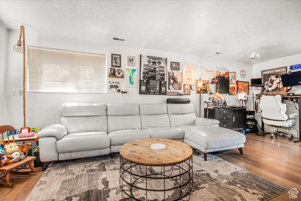 Living room with a textured ceiling and wood-type flooring