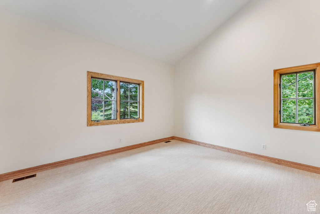 Spare room featuring high vaulted ceiling and carpet