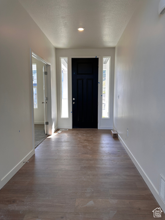 Entrance foyer featuring dark wood-type flooring, a textured ceiling, and a healthy amount of sunlight