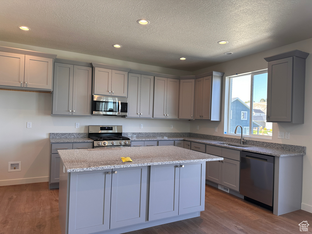 Kitchen with dark wood-type flooring, sink, gray cabinets, and appliances with stainless steel finishes