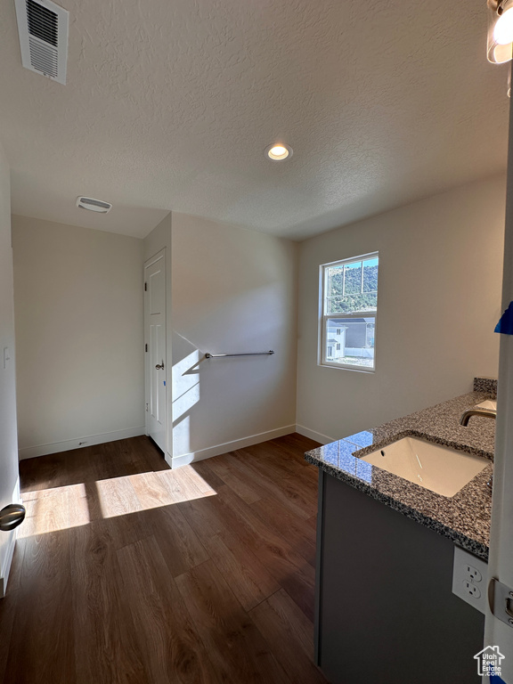 Bathroom with vanity, a textured ceiling, and wood-type flooring