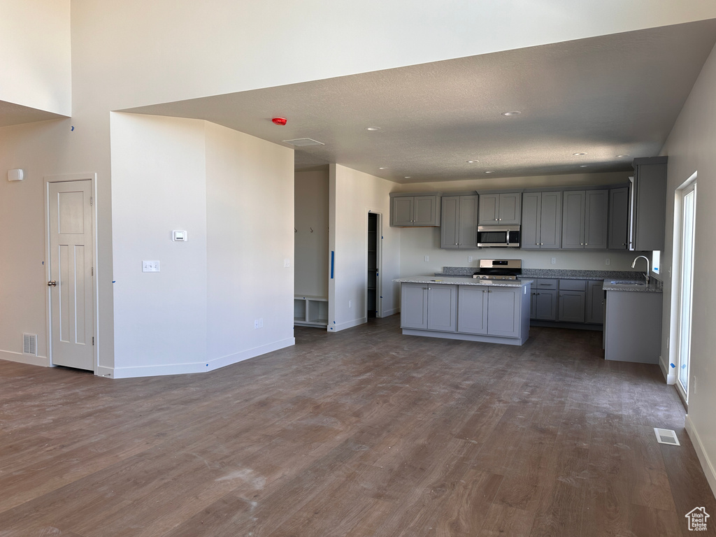 Kitchen with gray cabinets, a textured ceiling, sink, dark hardwood / wood-style floors, and appliances with stainless steel finishes