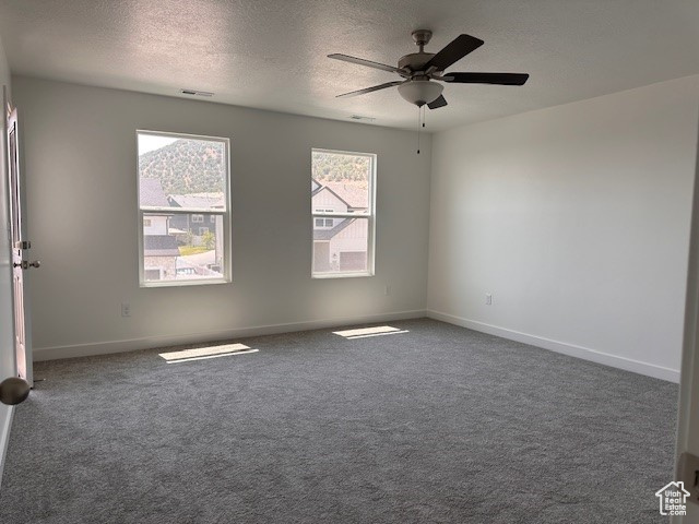 Spare room with carpet flooring, a textured ceiling, and ceiling fan