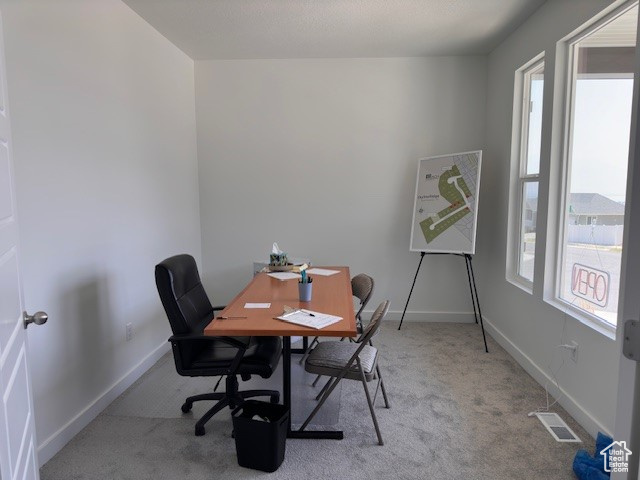 Office area with carpet flooring and a healthy amount of sunlight