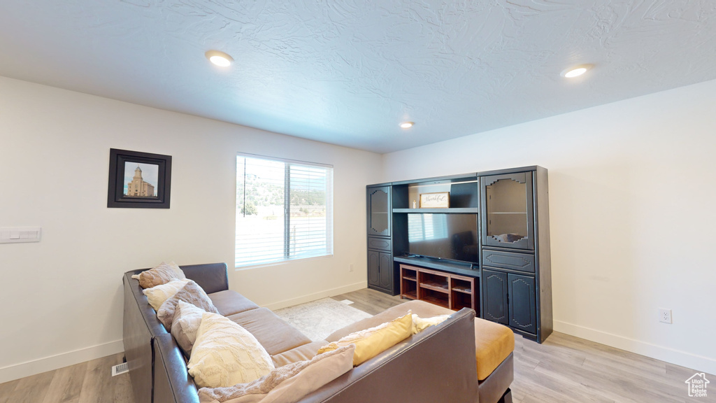 Living room with light hardwood / wood-style floors