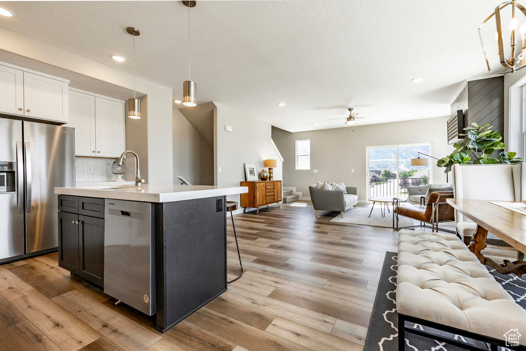 Kitchen featuring tasteful backsplash, stainless steel appliances, light wood-type flooring, an island with sink, and ceiling fan