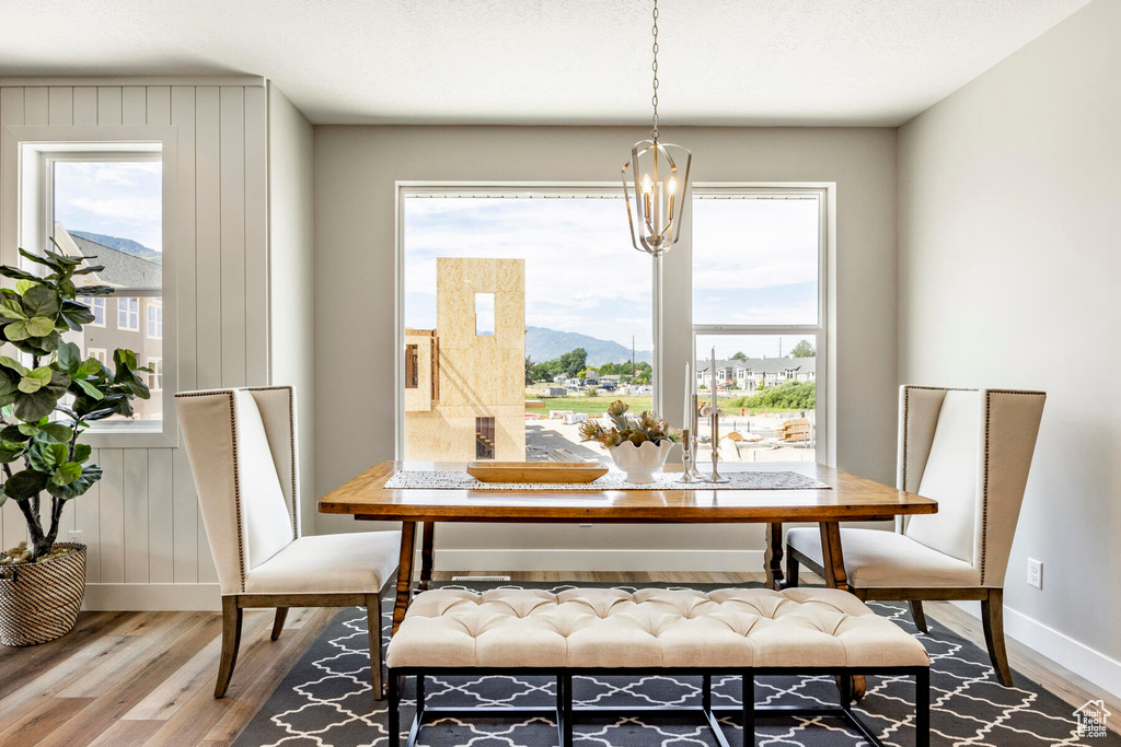 Dining area with an inviting chandelier, plenty of natural light, and hardwood / wood-style floors