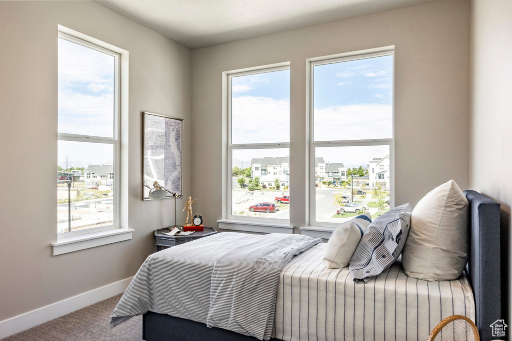 Carpeted bedroom with multiple windows