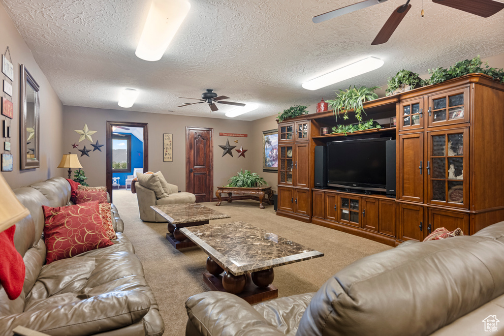 Living room with a textured ceiling, ceiling fan, and carpet flooring