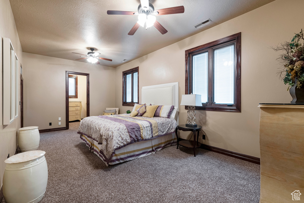 Carpeted bedroom with ceiling fan