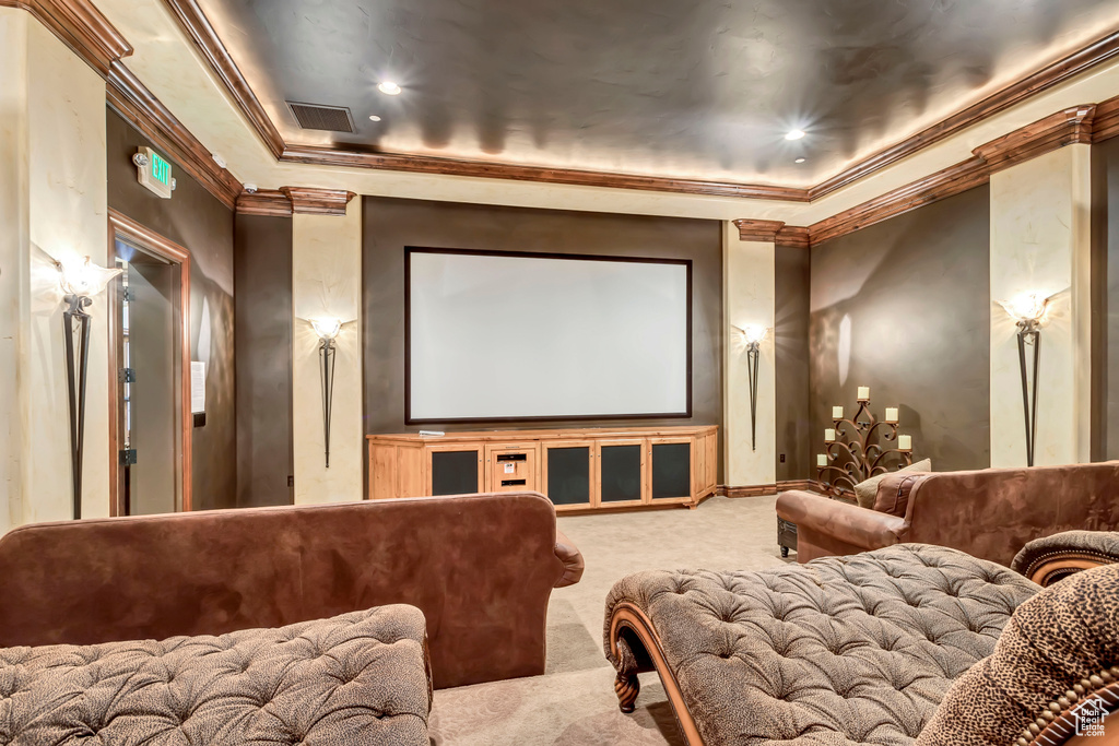 Carpeted home theater with crown molding and a raised ceiling