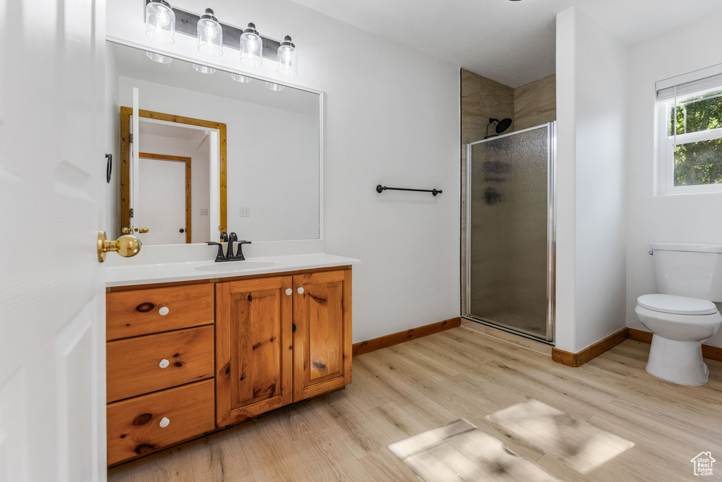 Bathroom with wood-type flooring, toilet, vanity, and an enclosed shower