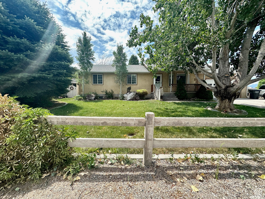 Ranch-style home featuring a front lawn