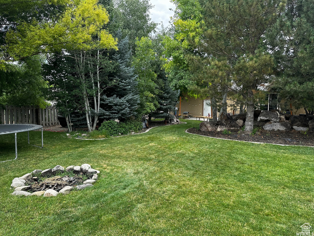 View of yard featuring a trampoline