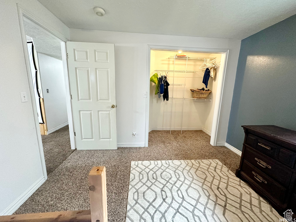 Bedroom featuring a textured ceiling, a closet, carpet flooring, and a walk in closet