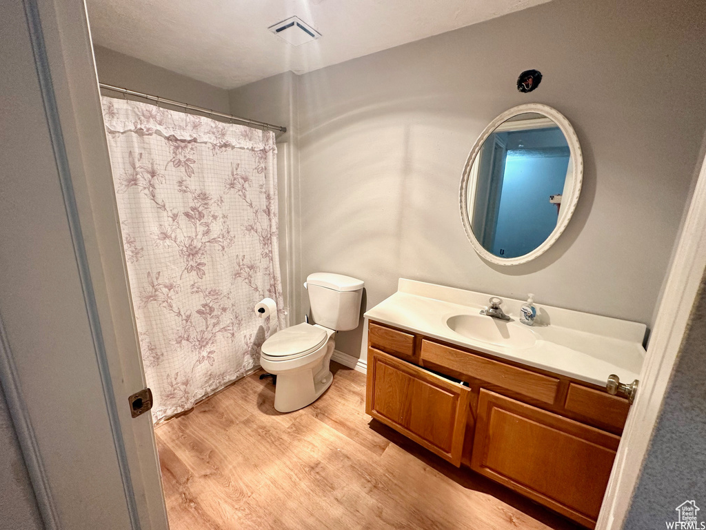 Bathroom featuring vanity, hardwood / wood-style flooring, and toilet